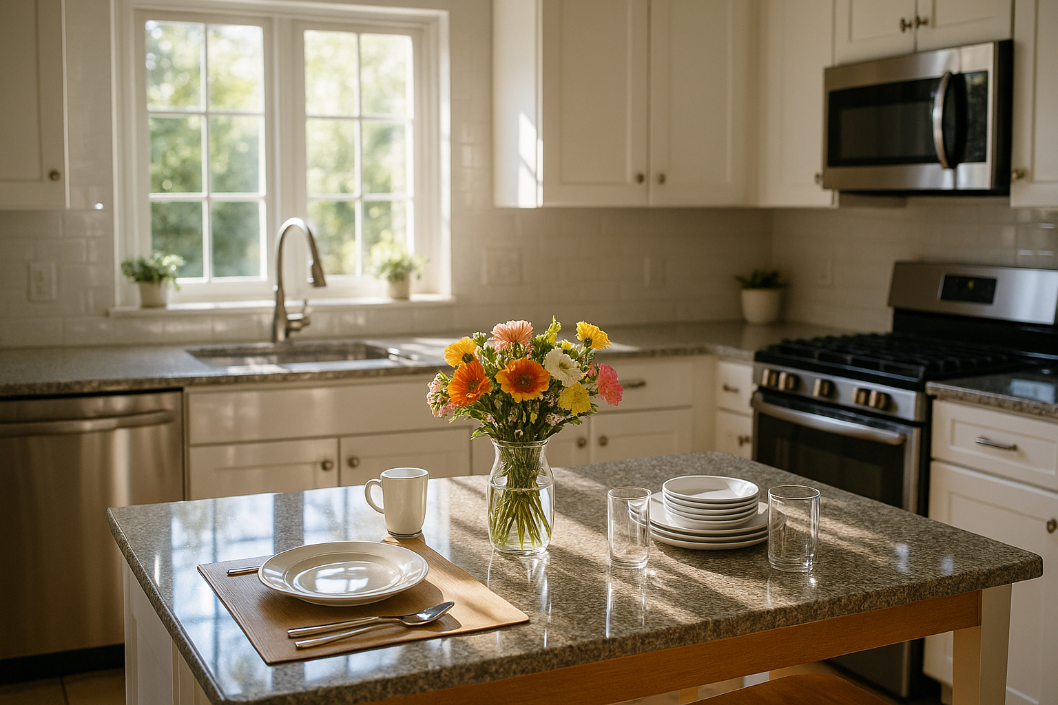 Cuisine propre et accueillante avec lumière naturelle et fleurs