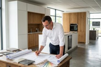 Cuisiniste professionnel à Melun présentant des plans de rénovation de cuisine avec échantillons de matériaux dans un showroom moderne