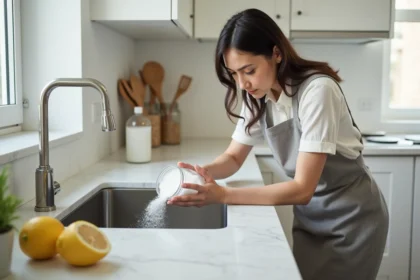 Femme versant du bicarbonate de soude dans le siphon d'un évier de cuisine pour le déboucher naturellement