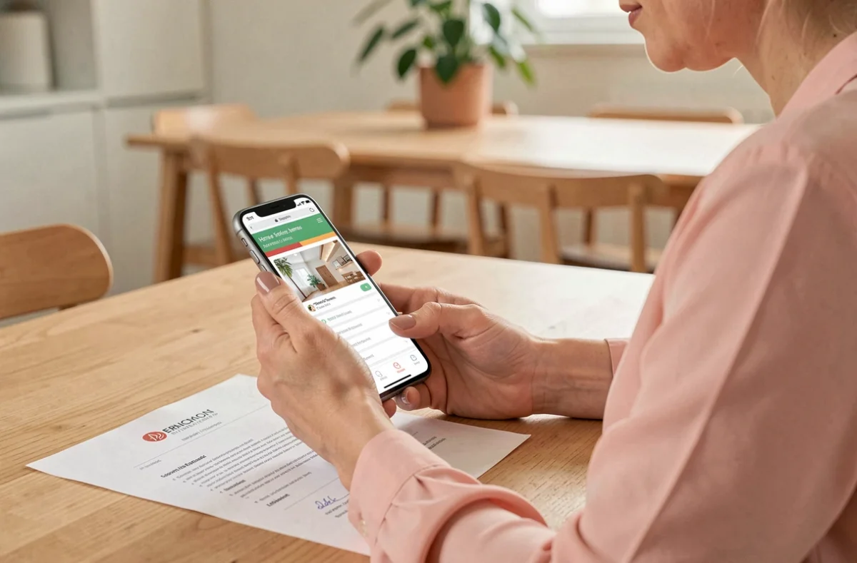 Employeuse déclarant une aide ménagère via une application mobile avec contrat de travail sur la table