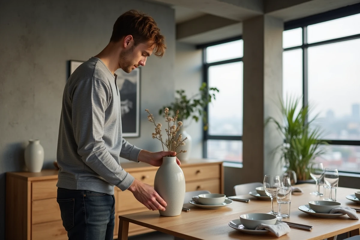 Homme installant un vase design sur un buffet en chêne dans un appartement urbain moderne en cours de décoration intérieure