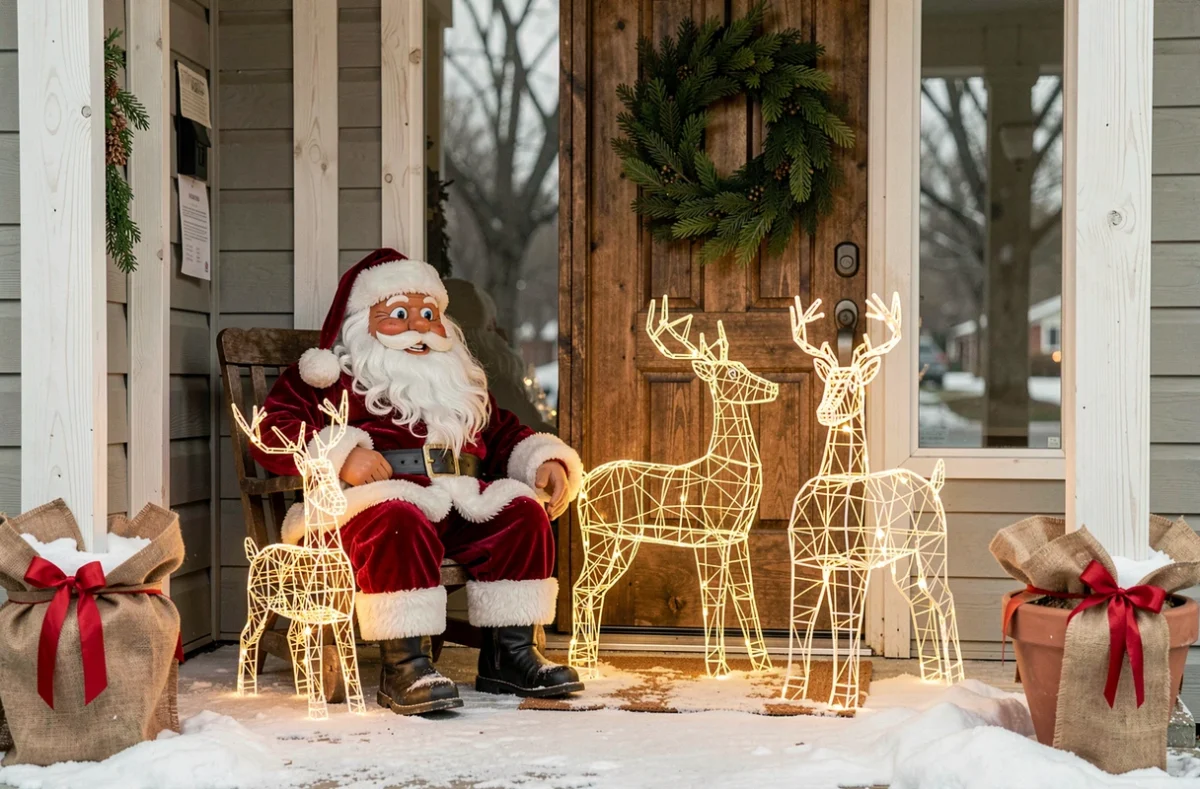 Porche de maison décoré avec père Noël assis et silhouettes de rennes en LED pour Noël