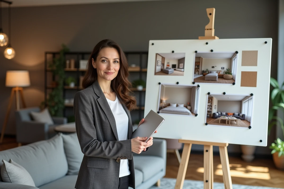 Décoratrice d'intérieur professionnelle présentant un moodboard de projet déco dans un appartement moderne