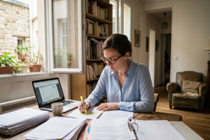 Femme consultant des documents administratifs liés à son logement à table