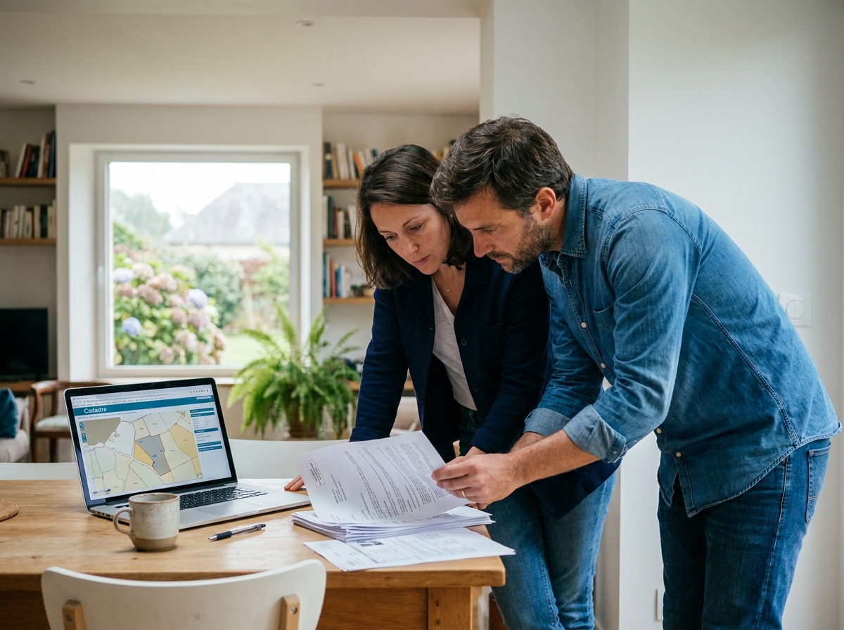 Couple étudiant les démarches administratives pour faire construire une maison à Vannes autour d'une table avec documents et ordinateur