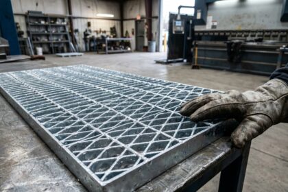 Détail rapproché d'un panneau de caillebotis galvanisé avec revêtement zinc en atelier industriel