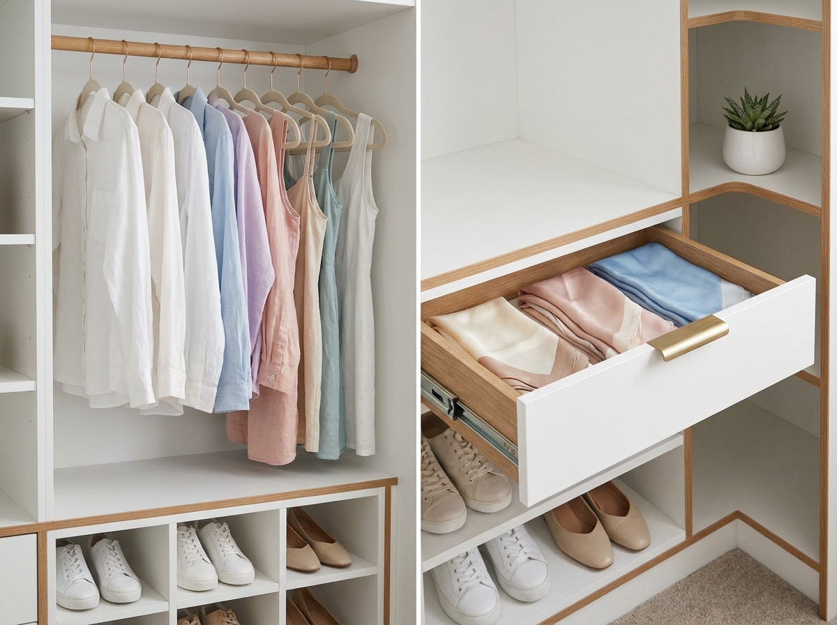Détail intérieur d'un dressing blanc avec cintres assortis, tiroir à foulards et rangement à chaussures organisé