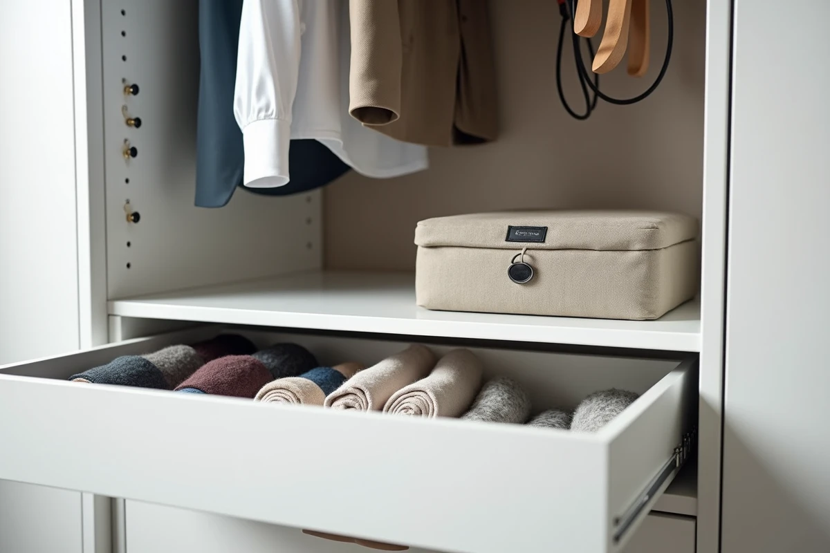 Détail intérieur d'une penderie modulable avec tringle, crochets et tiroir de rangement en tissu à petit prix
