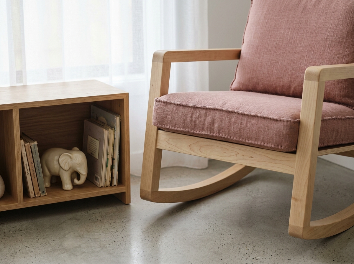 Détail coin lecture chambre bébé design avec rocking chair bouleau, coussin lin rose poudré et bibliothèque basse en bois naturel