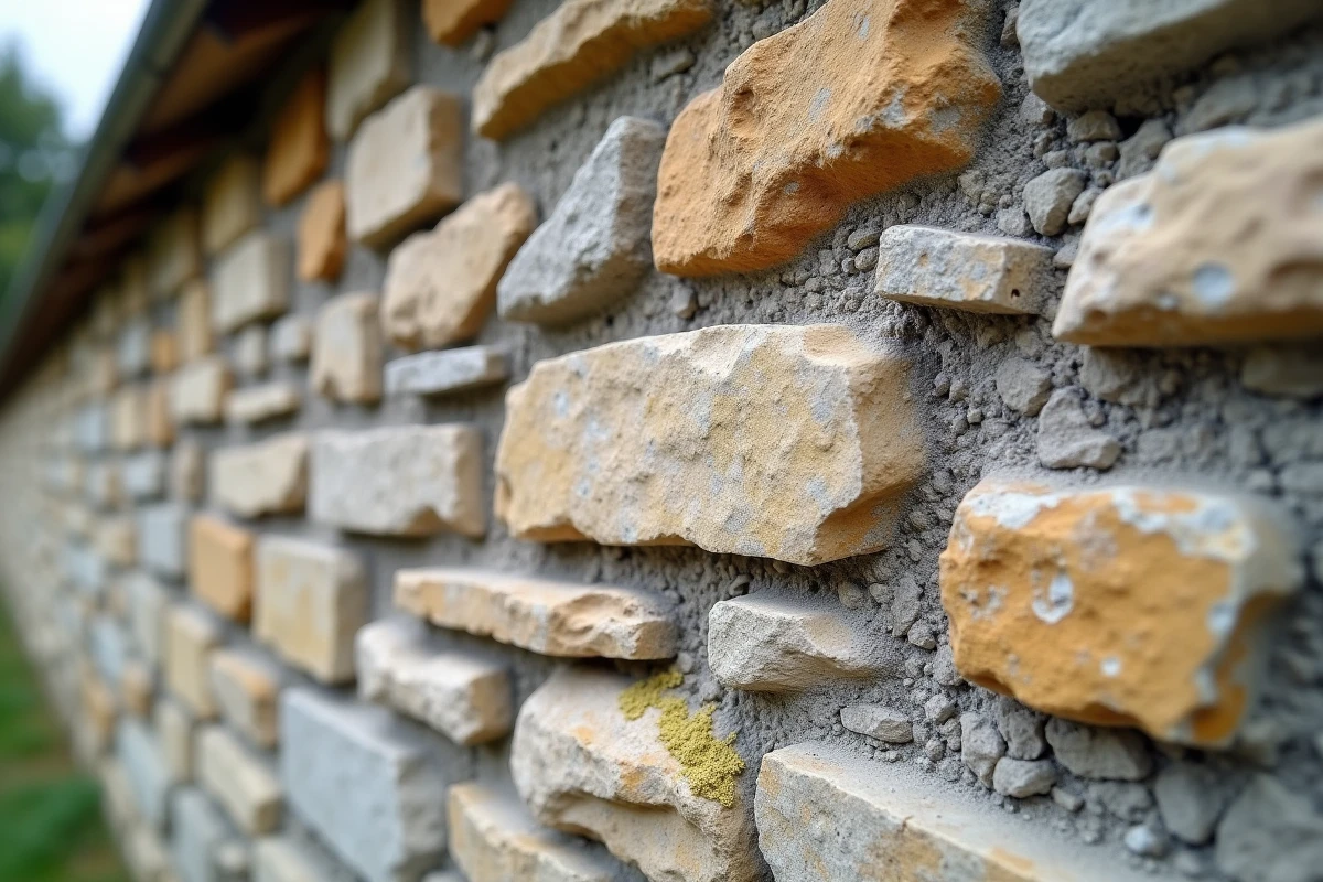 Détail en gros plan d'un mur en moellons de pierre avec joints de mortier et lichens naturels
