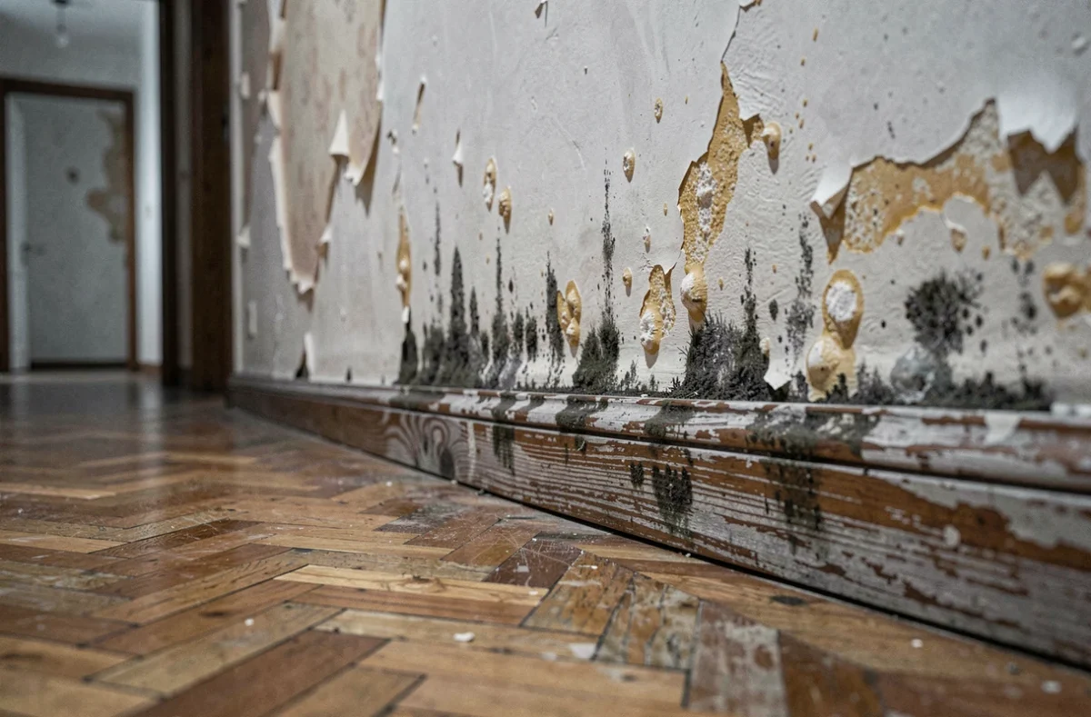 Détail de remontées capillaires avec efflorescence et peinture décollée sur un mur intérieur humide