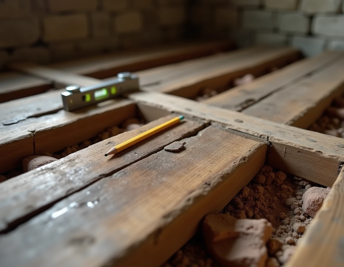 Détail de solives en chêne ancien présentant des fissures et des traces d'humidité sous un plancher en rénovation
