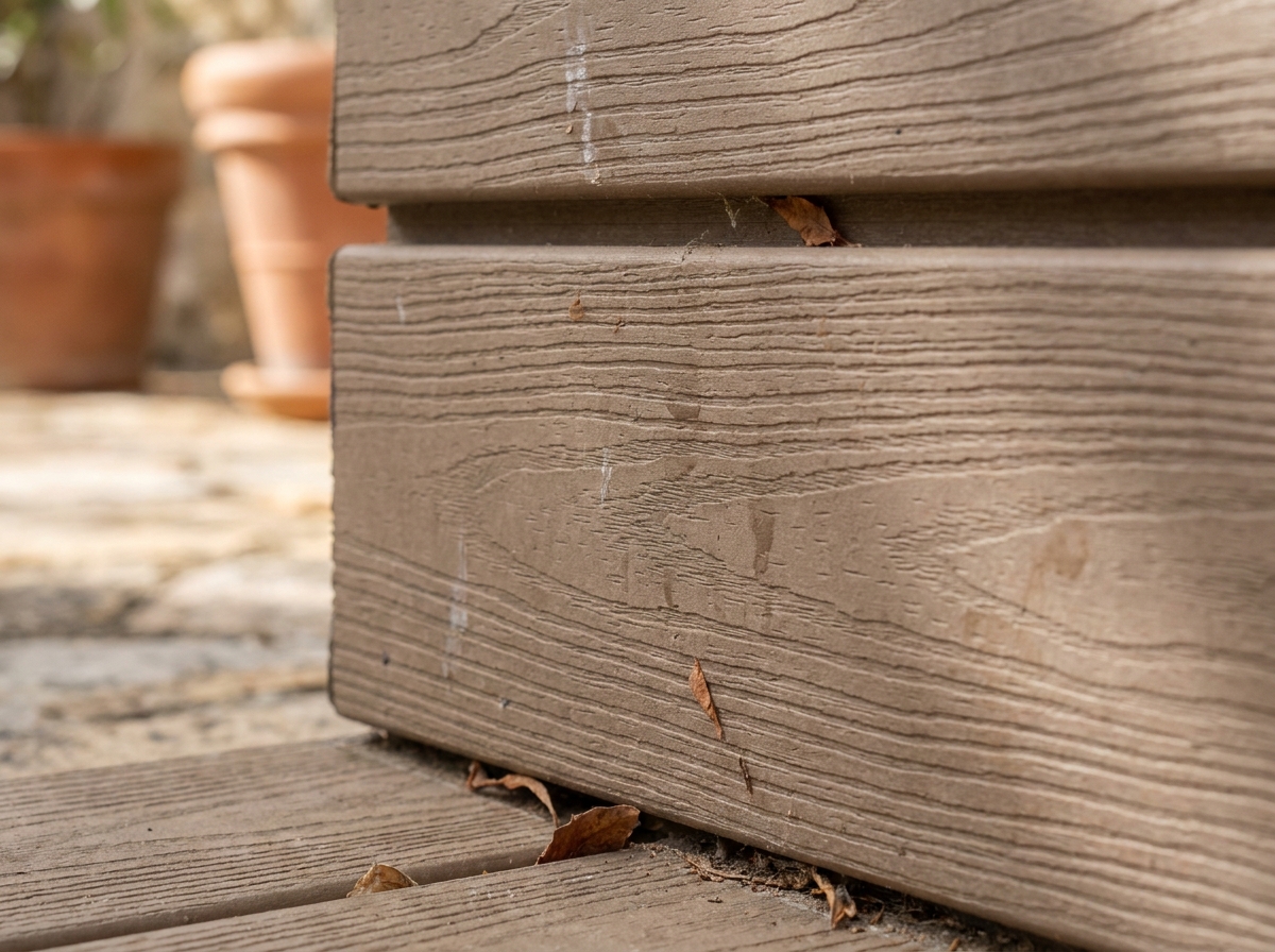 Gros plan sur le grain et la texture réaliste d'un panneau de clôture composite avec détails de surface et fond de terrasse flou