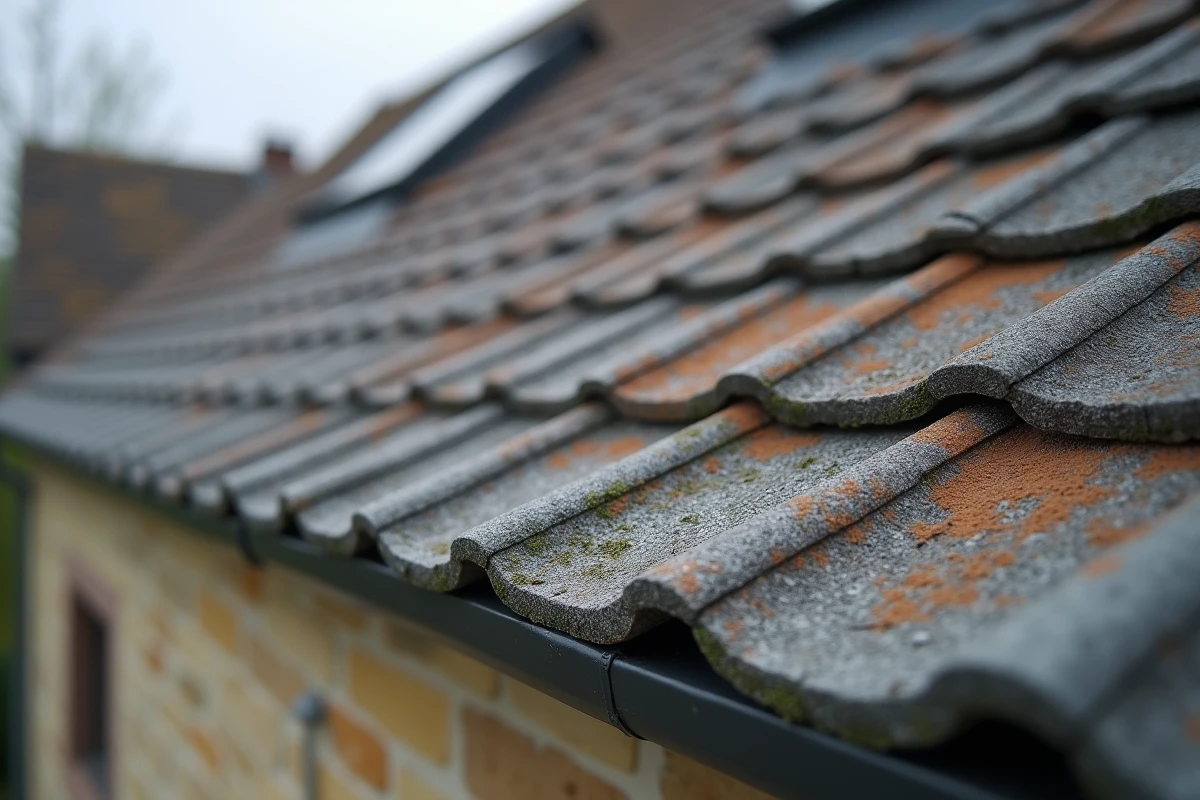 Rangées de tuiles béton sur une toiture en pente d'une maison de campagne française, détail de la texture et de l'emboîtement