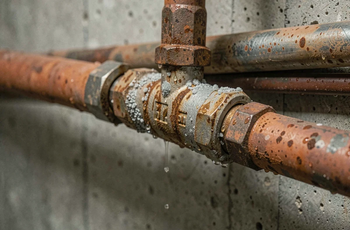 Gros plan sur un détendeur de pression corrodé et mal installé sur une canalisation d'eau chaude en sous-sol