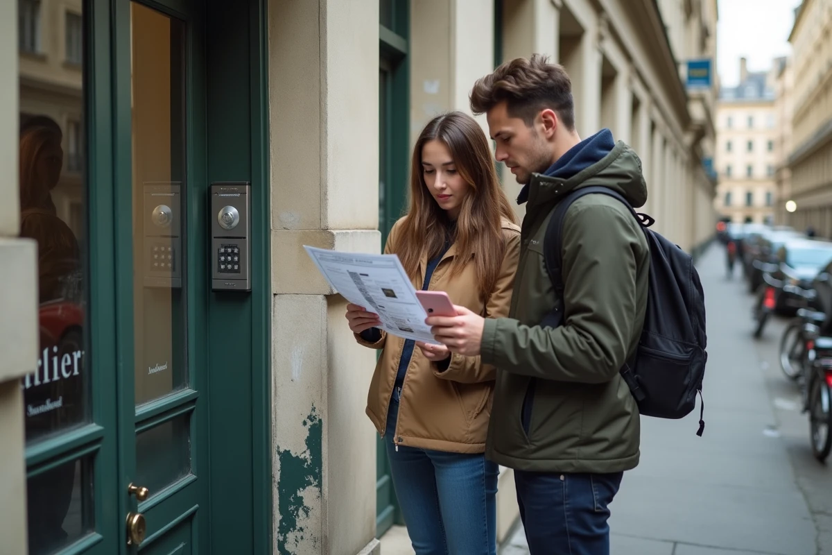 Deux étudiants inspectant l'entrée d'un immeuble lors d'une visite de logement dans une nouvelle ville
