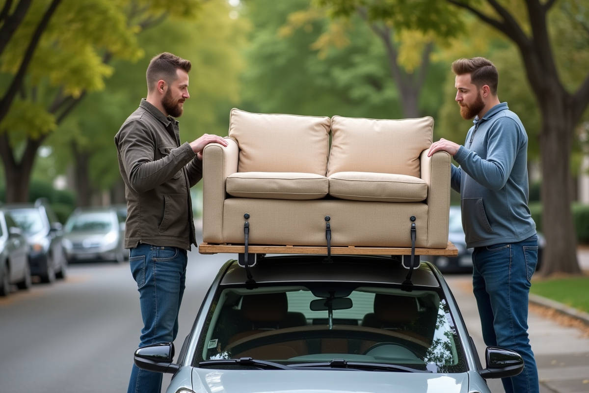 Deux hommes fixant un canapé sur le toit d