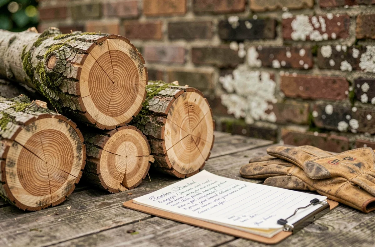 Devis d'élagage posé sur un clipboard avec des rondins de bois fraîchement coupés dans un jardin à Roubaix