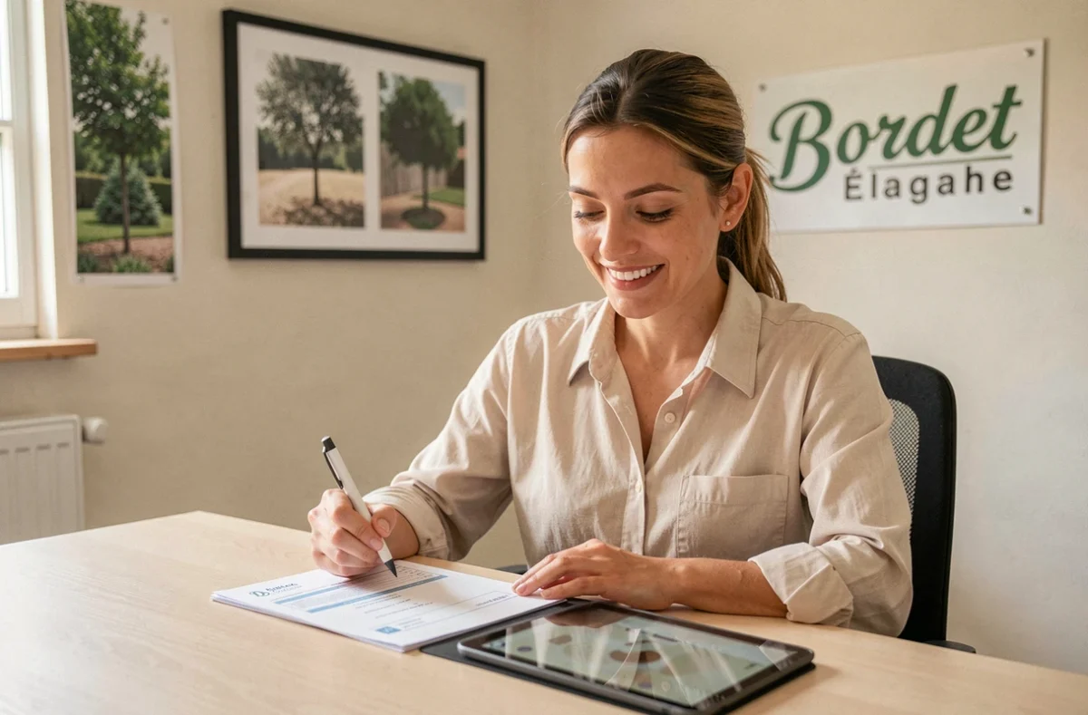 Administratrice d'une entreprise d'élagage dans l'Hérault consultant un devis d'élagage sur tablette dans un bureau professionnel