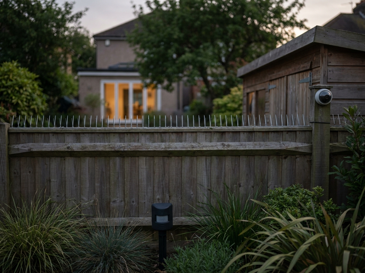 Jardin résidentiel sécurisé avec clôture anti-intrusion, détecteur de mouvement et caméra dôme