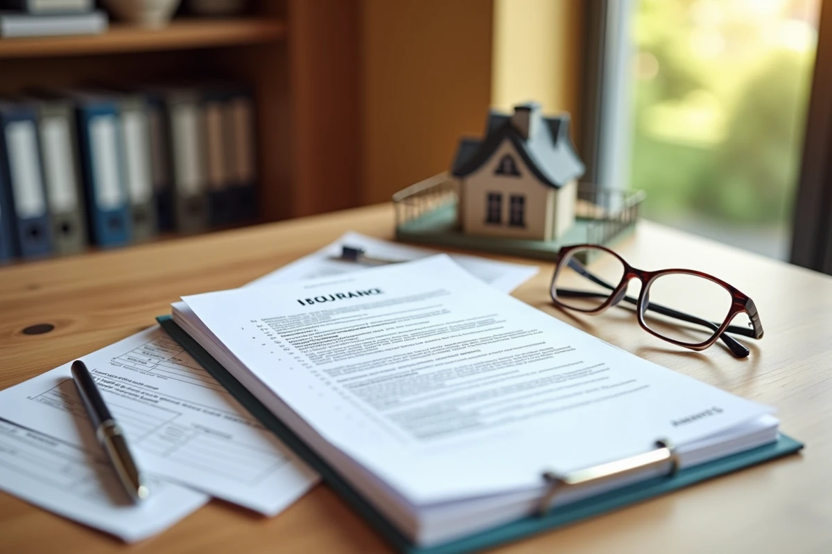 Documents d'assurance habitation et règlement PLU posés sur un bureau en bois avec des lunettes et un stylo pour illustrer la conformité des clôtures