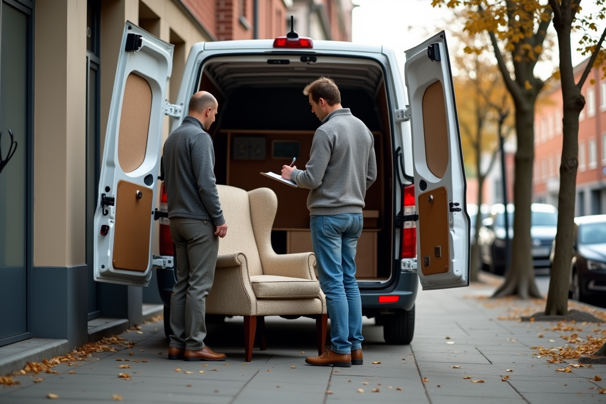 Jeune homme signant un formulaire devant une camionnette Emmaüs