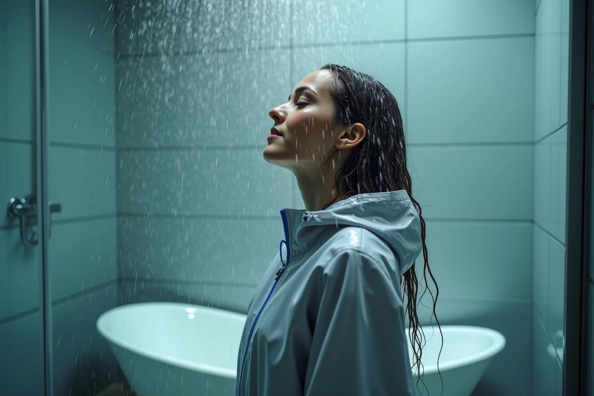 Femme sous une douche en verre avec eau courante et baignoire visible en arrière-plan dans une salle de bain moderne