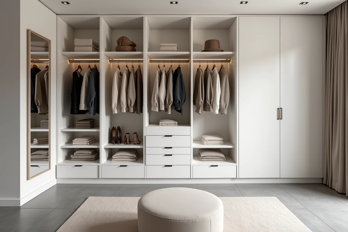 Dressing attenant à la suite parentale avec armoires sur mesure, rangements ouverts et miroir pleine longueur