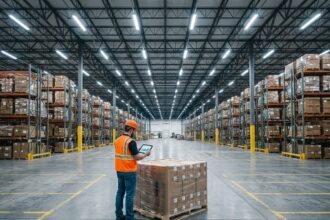 Ouvrier logistique examinant un tableau de bord énergétique dans un entrepôt équipé de tubes LED industriels montés sur charpente métallique