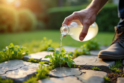 Main de jardinier versant du vinaigre blanc sur des mauvaises herbes entre pavés