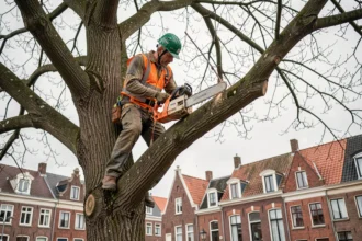 Élagueur professionnel en train d'élaguer un grand arbre en milieu urbain à Roubaix