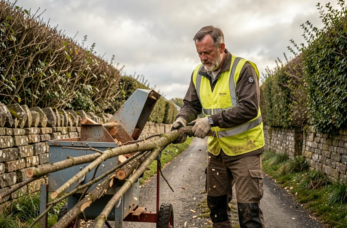 Élagueur professionnel utilisant un broyeur de branches sur une route de campagne en Bretagne