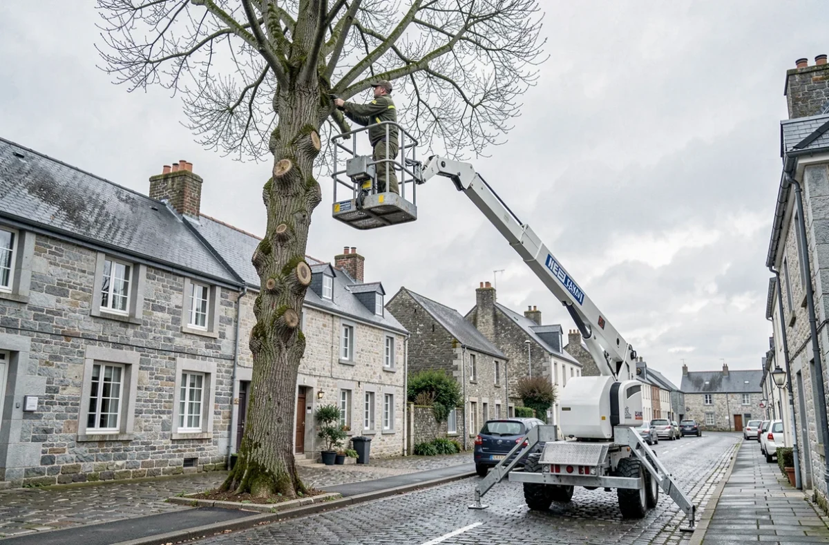 Élagueur en nacelle élévatrice taillant les branches hautes d'un arbre dans un village breton