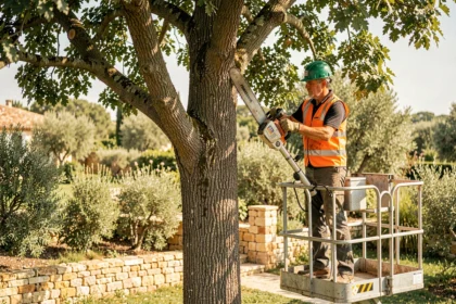 Élagueur professionnel dans l'Hérault réalisant un élagage d'un chêne méditerranéen avec une perche tronçonneuse depuis une nacelle