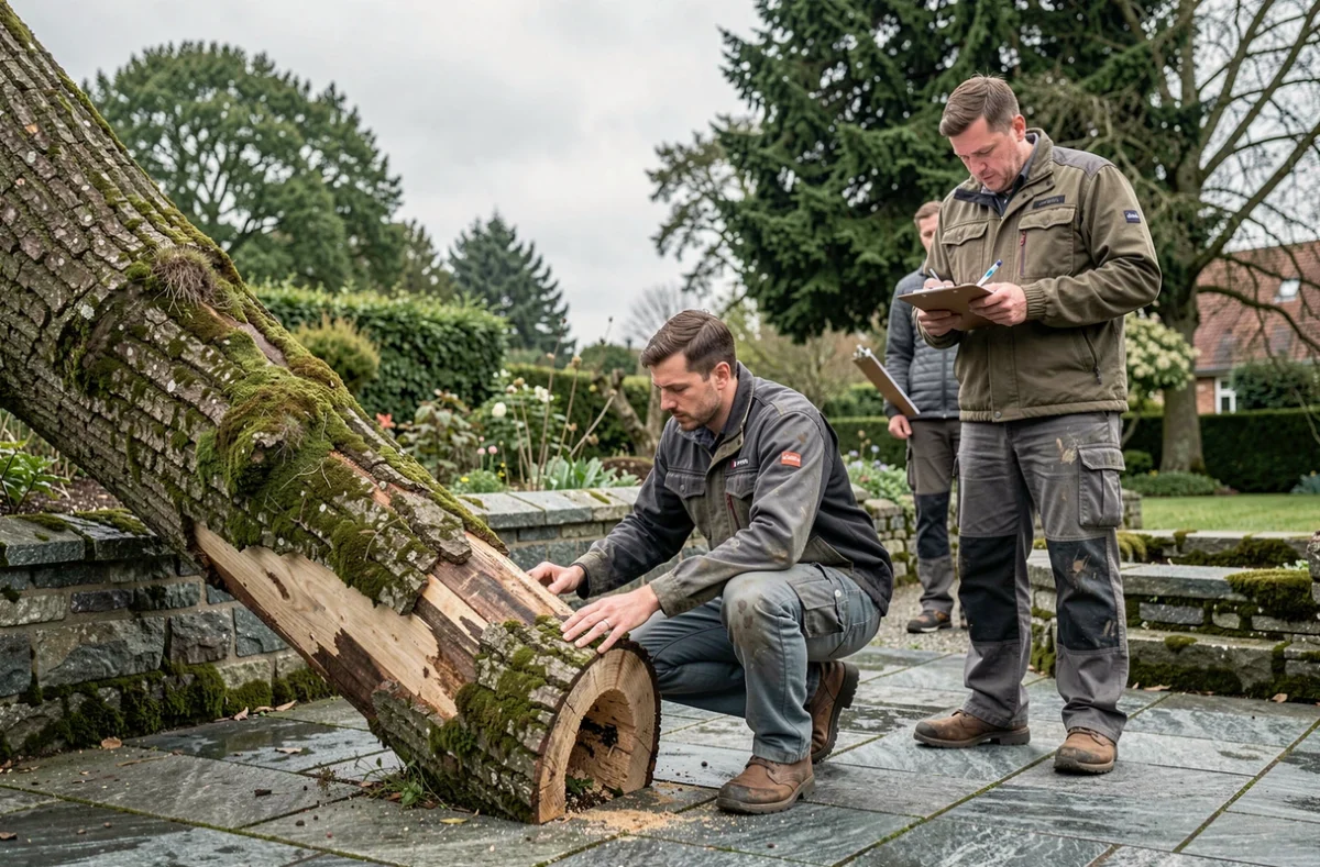 Deux élagueurs inspectant un tronc d'arbre abattu dans un jardin résidentiel en Bretagne