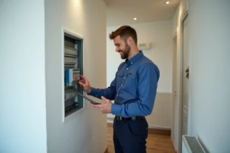 Électricien homme vérifiant un tableau électrique moderne dans un appartement