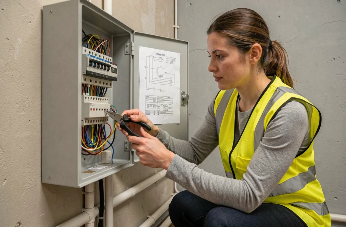 Électricienne professionnelle organisant des fils multicolores dans un tableau électrique résidentiel pour éviter les faux contacts de connexion