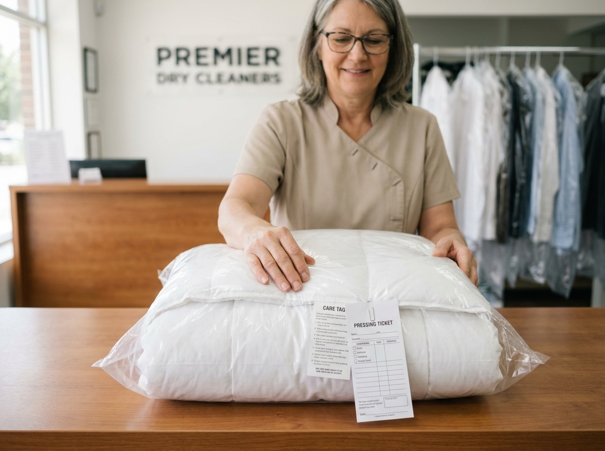 Employée de pressing emballant une couette propre dans un film protecteur transparent au comptoir d'accueil d'un pressing professionnel