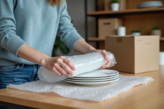 Femme emballant des assiettes en porcelaine dans une cuisine moderne