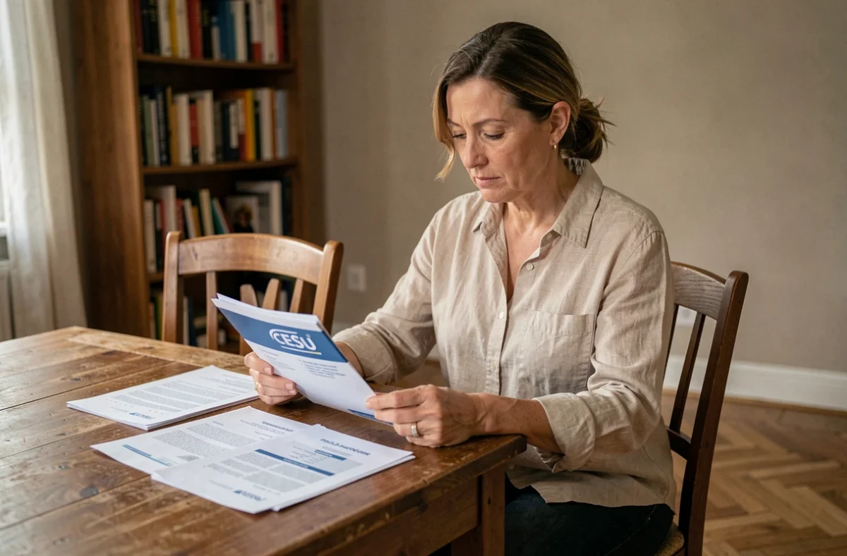 Employeuse remplissant des chèques emploi service universel CESU à une table en bois dans un intérieur français