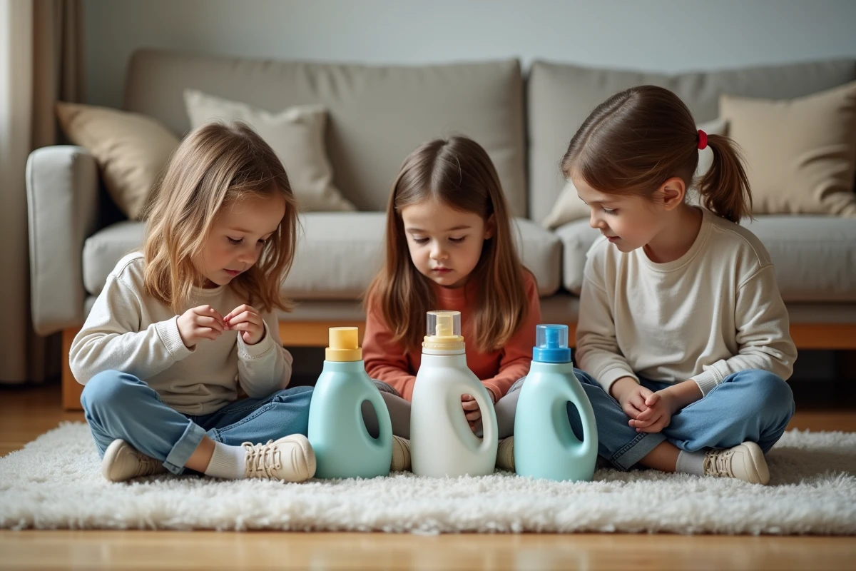 Trois enfants découvrant des symboles de lessive sur des bouteilles