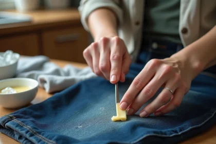 Mains féminines grattant un chewing gum séché sur un jean bleu avec un couteau et un mélange maison sur une table en bois