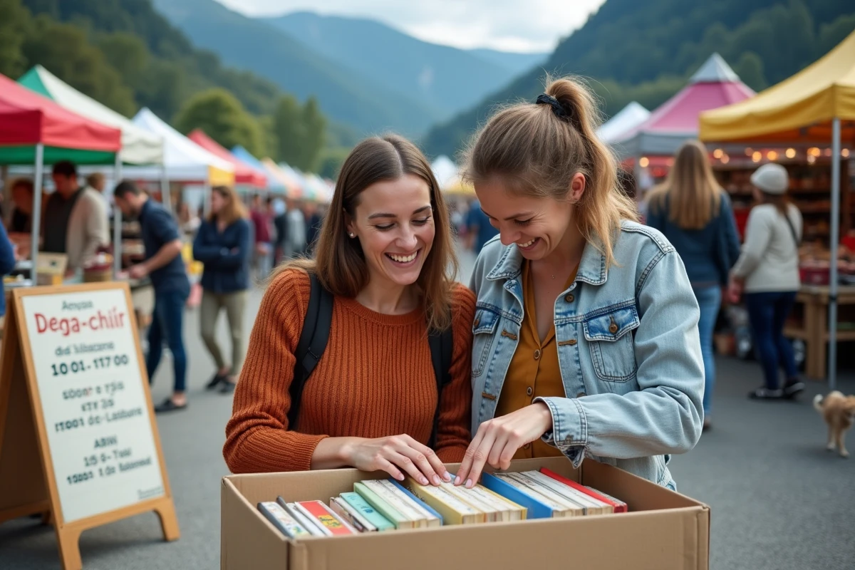 Deux femmes souriant en feuilletant des livres anciens à l'entrée d'un vide-grenier à Annecy avec panneau d'horaires visible