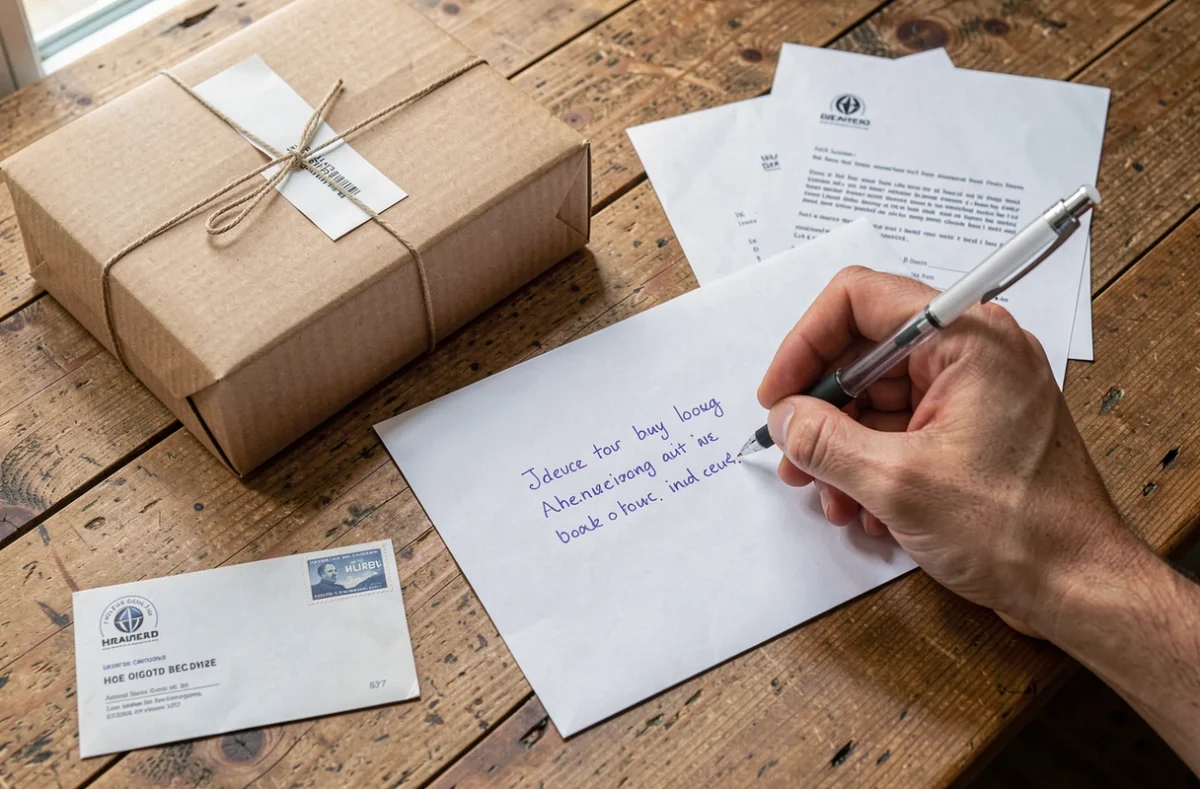Enveloppe et colis préparés pour un envoi en poste restante