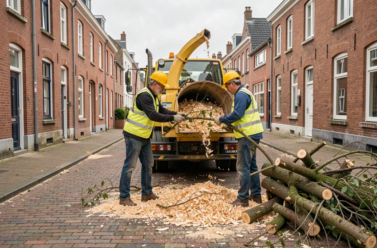 Équipe d'élagueurs avec un broyeur de branches dans une rue résidentielle de Roubaix