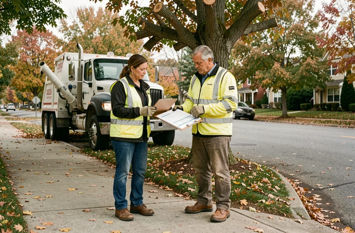 Deux élagueurs certifiés consultant un plan de travail devant un camion professionnel avec broyeur de branches en milieu urbain