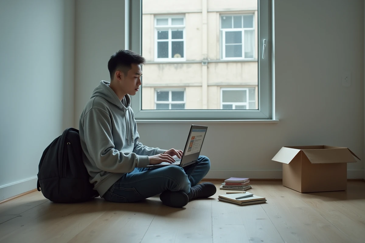 Étudiant assis sur le sol d'un studio vide avec un ordinateur portable cherchant des annonces de logement