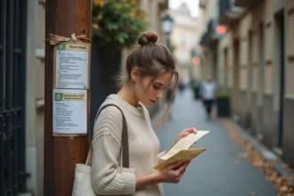 Étudiante cherchant un logement dans une nouvelle ville avec une liste d'adresses à la main dans une rue urbaine