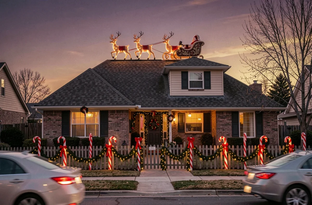 Vue large d'une façade de maison décorée pour Noël avec traîneau du père Noël et rennes sur le toit