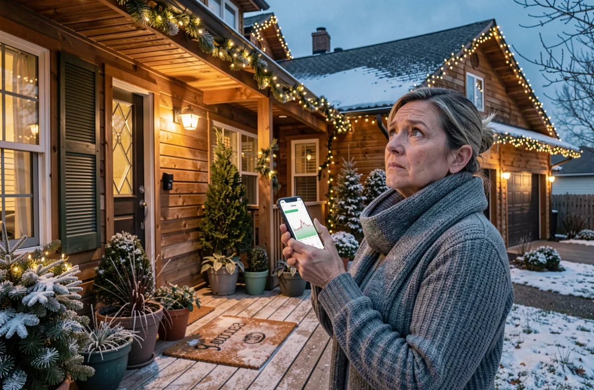 Femme consultant une application de suivi de consommation énergétique devant une maison décorée de nombreuses guirlandes lumineuses de Noël extérieures